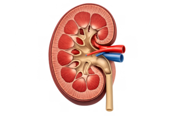 Human kidney detailed cross section showing internal anatomy, renal artery, vein, and ureter on transparent background
