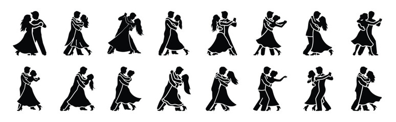 Collection of romantic couple dancing silhouette valentine vector icon set. Clean romantic icons symbols isolated on a white background for Valentine&rsquo;s Day.