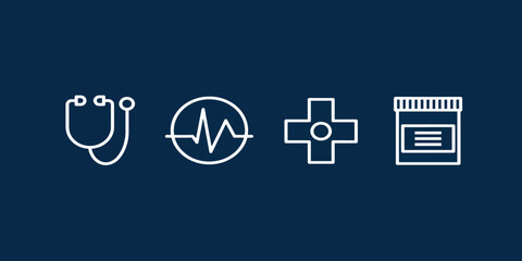 Set of healthcare and medical icons representing cardiology, pharmacy, and general health with a dark blue background