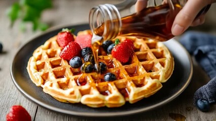 Delicious waffle with berries and maple syrup on a plate - Powered by Adobe