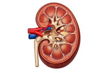 Kidney anatomy cross section showing renal system structures, medical illustration on transparent background