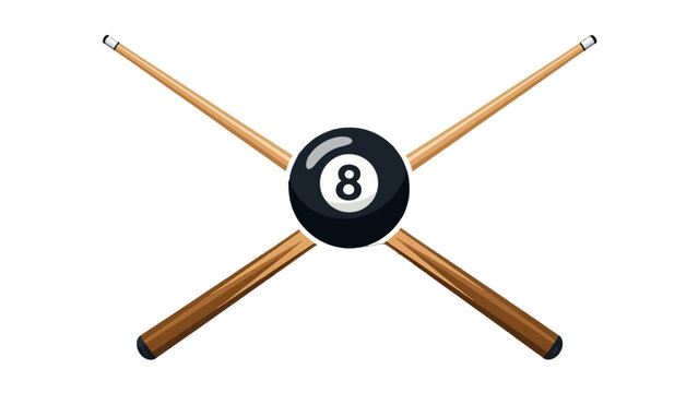 Crossed Billiard Cue Sticks and Black 8-Ball, Pool Game Equipment on Isolated White Background
