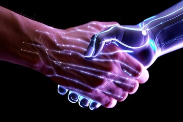 Humanity and artificial intelligence converge in a powerful electric spark of innovation.