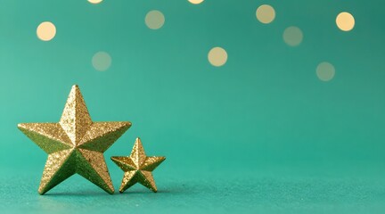 Two decorative gold stars shine against a teal background with bokeh lights