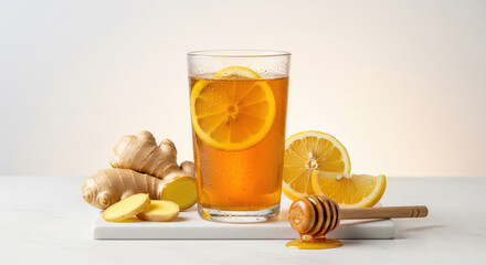 warm ginger lemon honey tea in a glass with citrus slices, soothing immunity drink, still life on kitchen counter