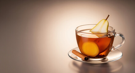 spiced ginger pear tea in a glass cup with cinnamon stick and clove, cozy autumn herbal drink with copyspace