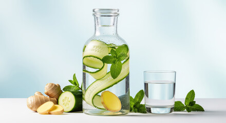 cucumber mint infused water in a glass bottle with ginger slices, fresh detox hydration drink on a light blue background