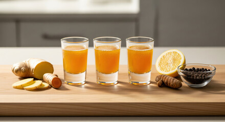 ginger turmeric wellness shots with lemon and black pepper on a wooden board, healthy immunity booster drink concept