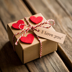 "Kraft Gift Box with I Love You Tag and Red Felt Hearts on Rustic Wood &mdash; Handmade Valentine Present Packaging"