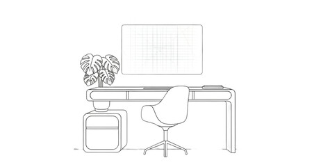Minimalist line art illustration of a modern home office workspace featuring a sleek desk,...