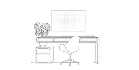 Minimalist line art illustration of a modern home office workspace featuring a sleek desk, ergonomic chair, and monstera plant.