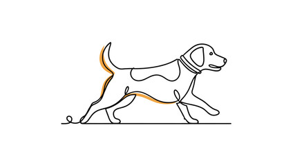 A continuous single line drawing of a running or trotting dog with a collar and a splash of orange color to highlight its form.