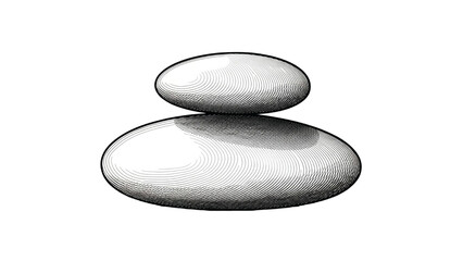 Hand-drawn engraving style illustration of two smooth river stones stacked in a balance. Minimalist black and white vector art.