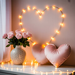 "Pink Heart-Shaped Throw Pillows with Vase of Pink Roses and Heart Fairy Lights &mdash; Cozy Romantic Bedroom Decor"