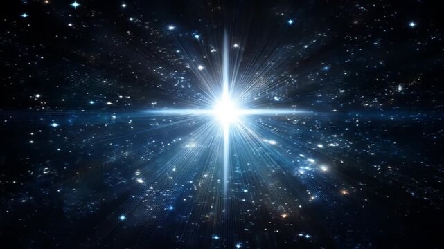 Bright star illuminating dark space with nebulae and celestial bodies