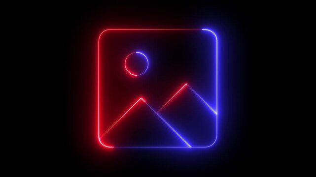 glowing neon gallery icon animation on a black background. Picture gallery simplified picture outline of mountains and a sun. 4k video animation.