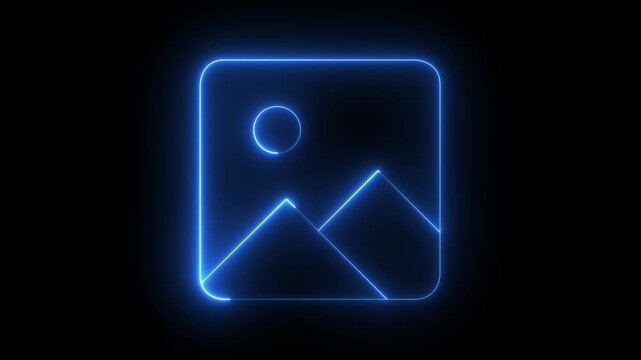 glowing neon gallery icon animation on a black background. Picture gallery simplified picture outline of mountains and a sun. 4k video animation.