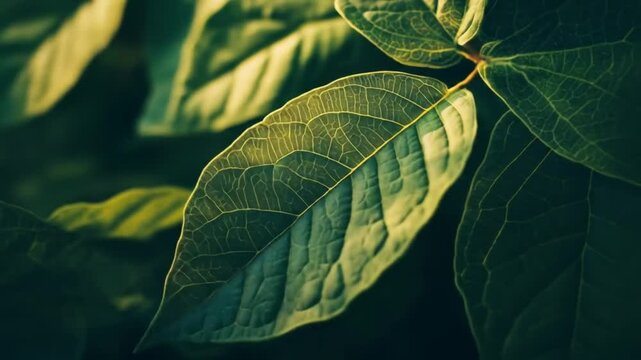 Close up of vibrant green leaves with intricate vein patterns and textures