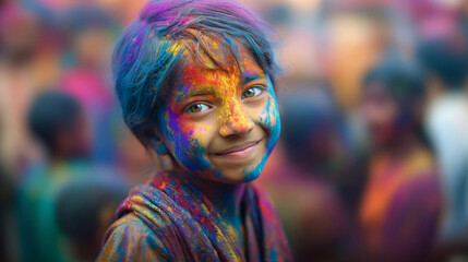 Joyful Indian female celebrating color festival with vibrant colors on her face in a festive atmosphere