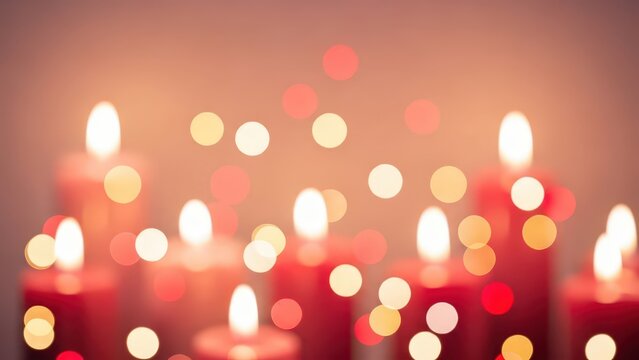 Closeup of burning red advent candles with bokeh lights background