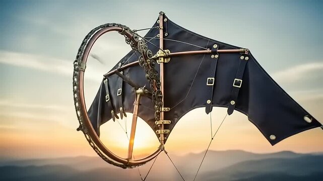 Steampunk airship sails through sunset sky with copper frame and leather