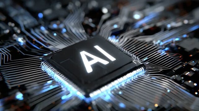 Close-up shot of a microchip featuring the letters AI, showcasing the intricate circuitry and technology behind artificial intelligence, highlighting innovation in modern computing