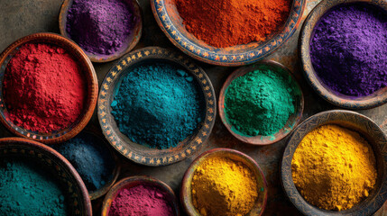 Color powders for Holi celebration arranged in bowls ready for festival fun