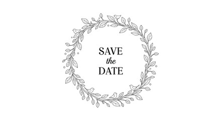 An elegant save the date wedding invitation design with serif text inside a delicate hand-drawn botanical wreath.