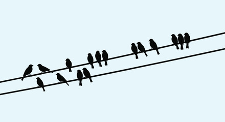 A flock of small bird silhouettes perched in groups on two parallel power lines against a pale blue sky.