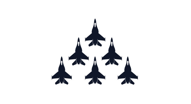 A precise top-down silhouette of six military fighter jets flying in a tight triangular or pyramid formation.