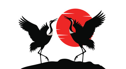 Two graceful crane silhouettes engaged in a mating dance ritual in front of a red sun with horizontal lines.