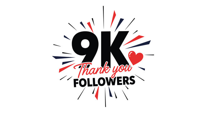 A festive 9k thank you followers celebration banner for social media with a heart and a red and black firework design.