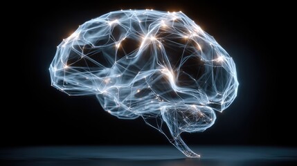 Digital artificial intelligence brain glowing, neural network connections, futuristic blue aesthetic, cyber technology concept, side view with copy space 