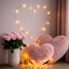 "Pink Heart-Shaped Throw Pillows with Vase of Pink Roses and Heart Fairy Lights &mdash; Cozy Romantic Bedroom Decor"