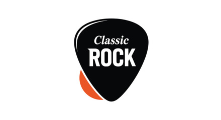 Minimalist 'Classic Rock' logo design featuring bold white text inside a black guitar pick with a hint of orange for a modern look.