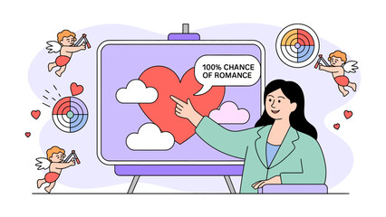 Love's Blueprint: A woman, standing before a whiteboard depicting a heart with the hopeful message 100% chance of romance, flanked by cherubic figures of love.