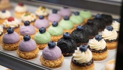 Gourmet Pastry Display &ndash; Colorful Mousse Domes with Blueberries and Artistic Culinary Presentation