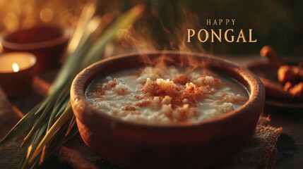 Happy Pongal festival greeting with traditional sweet rice in rustic clay pot, warm sunlight and village farm background, harvest celebration of Tamil New Year with authentic food, culture and bless