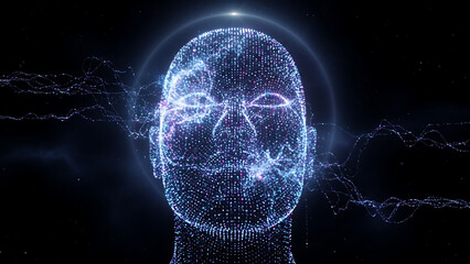 A futuristic digital representation of a human head surrounded by electric sparks and lightning in a dark environment
