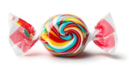 A swirled, colorful hard candy, wrapped in clear plastic with red-and-white accents, casting a gentle shadow
