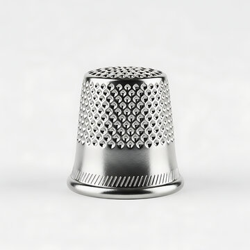 Close up metal thimble for sewing with dimpled pattern and striped base