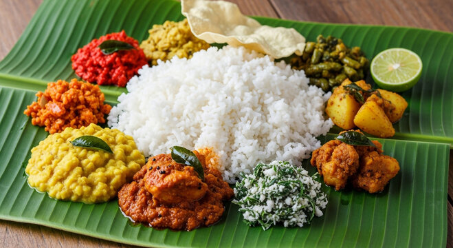 Authentic South Indian Kerala Sadhya served on banana leaf with variety of vegetarian curries, rice, papad, and lime - traditional festive meal
