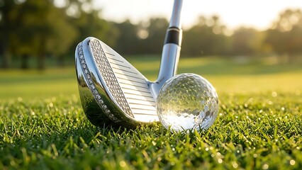 Detailed view of a diamond encrusted golf club head about to hit a crystal golf ball on grass