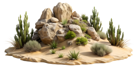 Rock formation with desert plants on sand isolated on transparent background