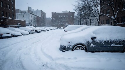Fototapeta premium Snow Covered Cars Parked in Urban Environment During Heavy Winter Snowfall