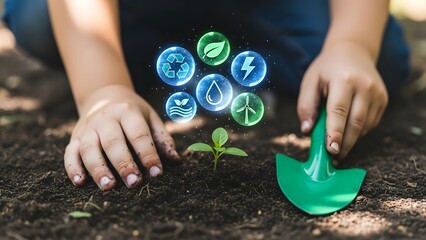 Sustainable Future and Environmental Education Concept with Child Planting Seedling and Eco Icons
