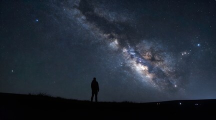 Silhouette of a person gazing up at the majestic milky way above the horizon