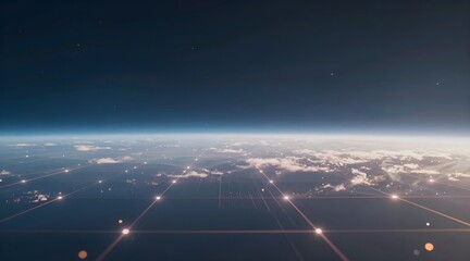 Futuristic space view of earth with glowing grid and clouds in the atmosphere