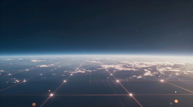 Futuristic space view of earth with glowing grid and clouds in the atmosphere - Powered by Adobe