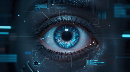 Close up of eye surrounded by digital graphics and abstract technical data